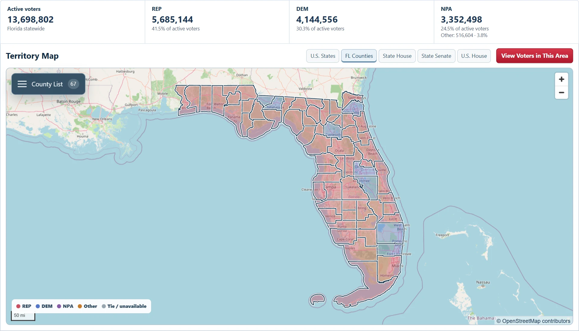 Actual PrecinctIQ product screenshot showing the Florida territory map and statewide voter statistics